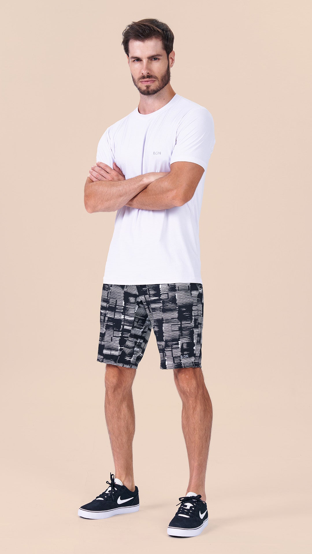B.ON Men's Black and White Jacquard Bermuda Shorts