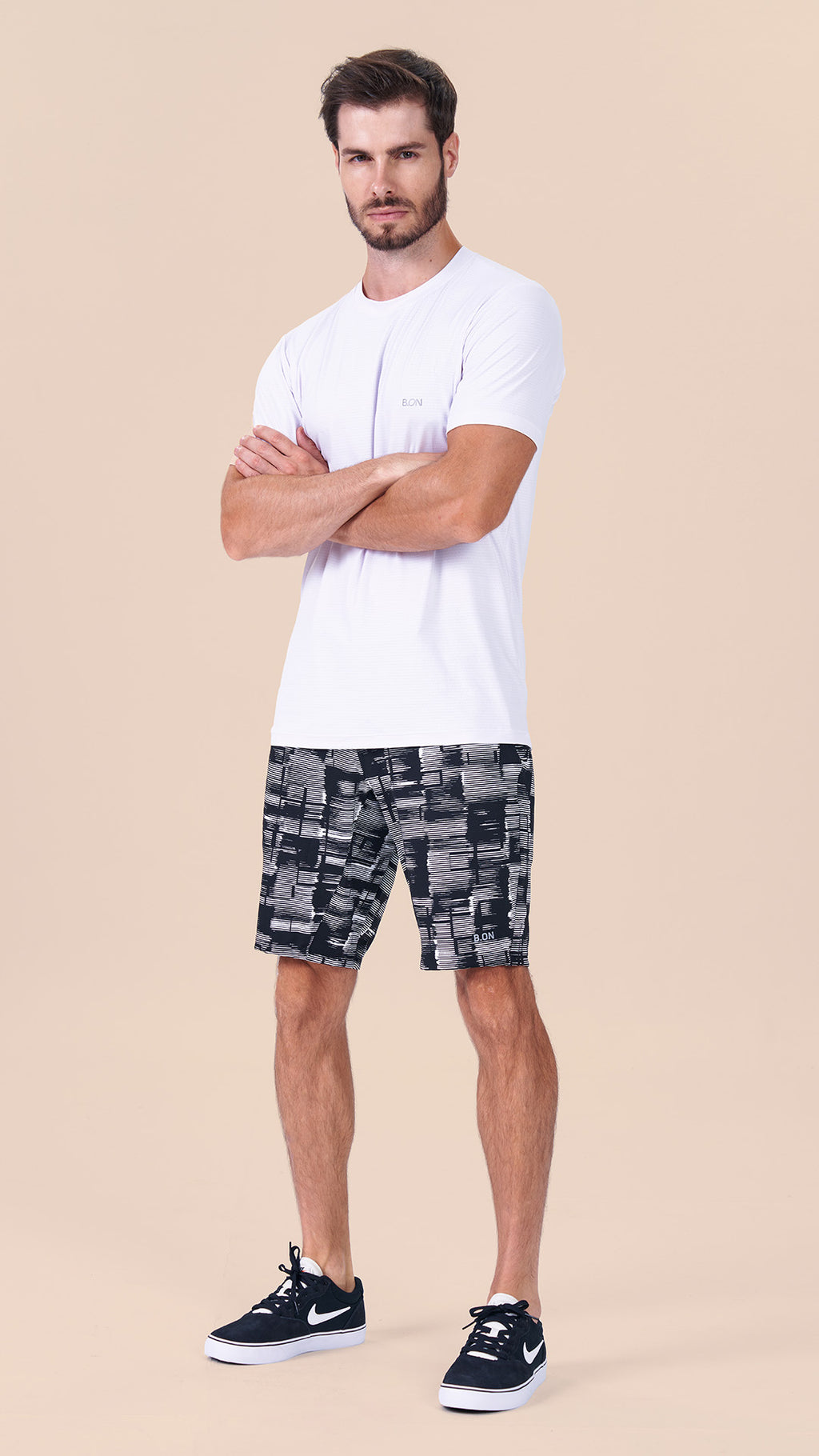 B.ON Men's Black and White Jacquard Bermuda Shorts