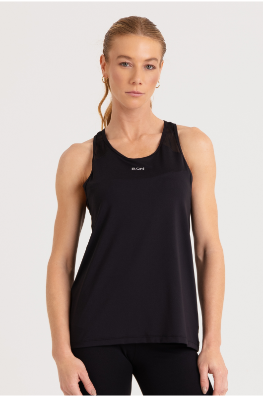 B.ON Women's Black Fitness Tank Top - Tulle Cutout